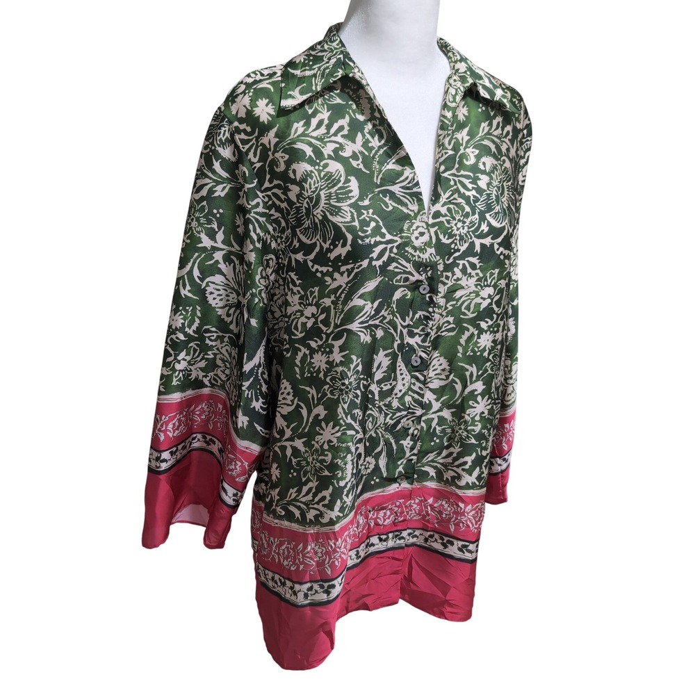 Zara Green Magenta Pink Floral Satin Oversized Button Down Blouse Medium - Picture 3 of 10